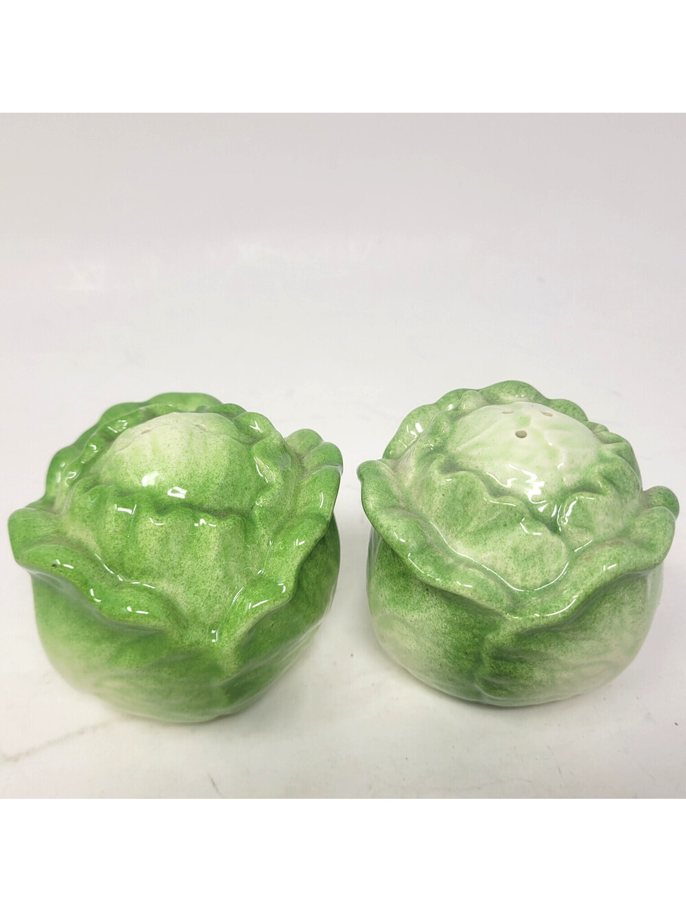 Vintage Ceramic Cabbage Lettuce Head Salt Pepper Shakers Majolica Style
